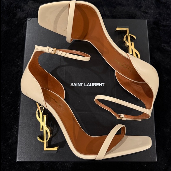 Saint Laurent Beige Heels with Gold Logo - Picture 1 of 10